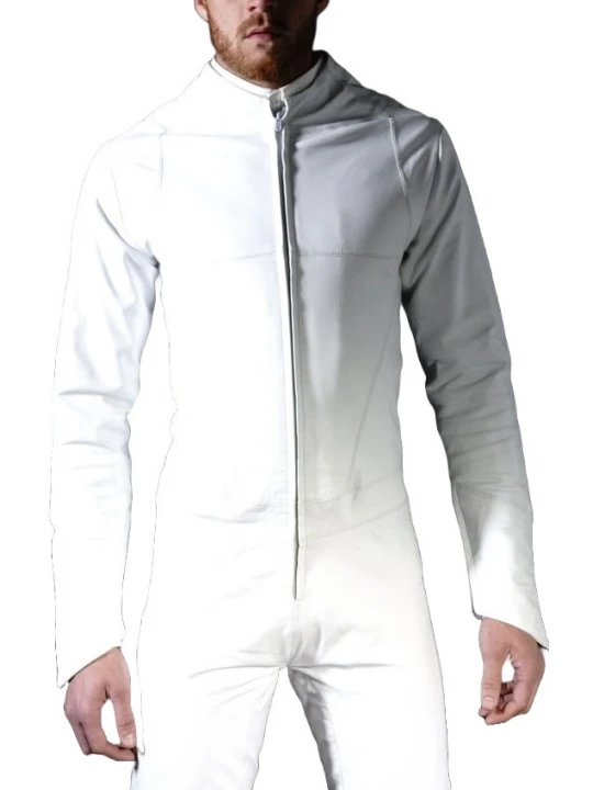 Mens Biker style real sheepskin white motorcycle leather jumpsuit