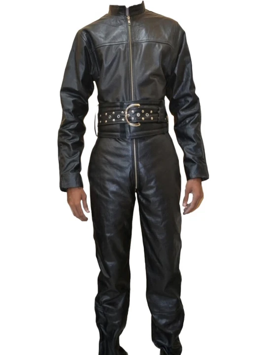 Mens Bold Fashion Real Sheepskin Black Leather Jumpsuit