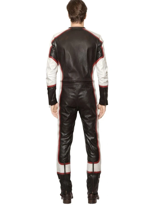 Mens Classy Racing Real Sheepskin Black And White Leather Jumpsuit