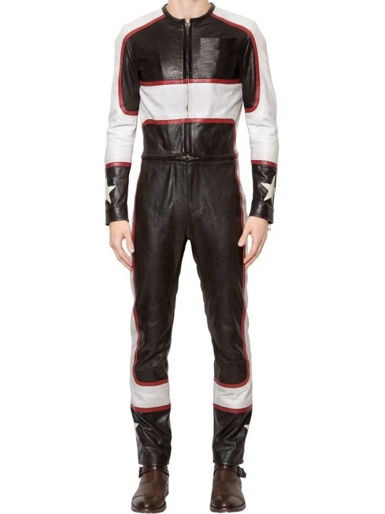 Mens Classy Racing Real Sheepskin Black And White Leather Jumpsuit