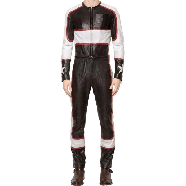Mens Classy Racing Real Sheepskin Black And White Leather Jumpsuit