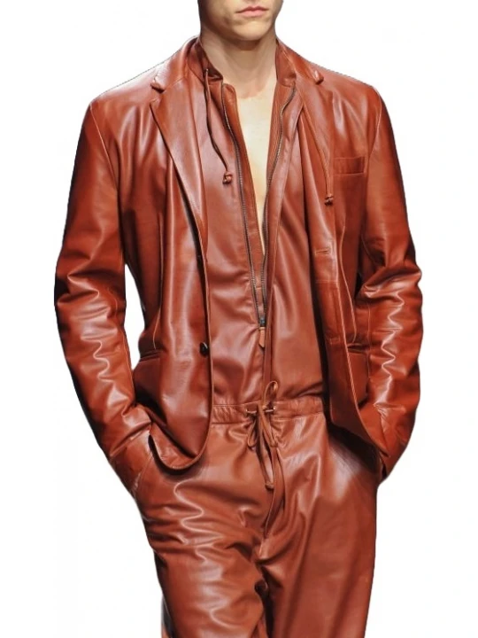 Mens Glamorous Real Sheepskin Brown Leather Jumpsuit With Blazer