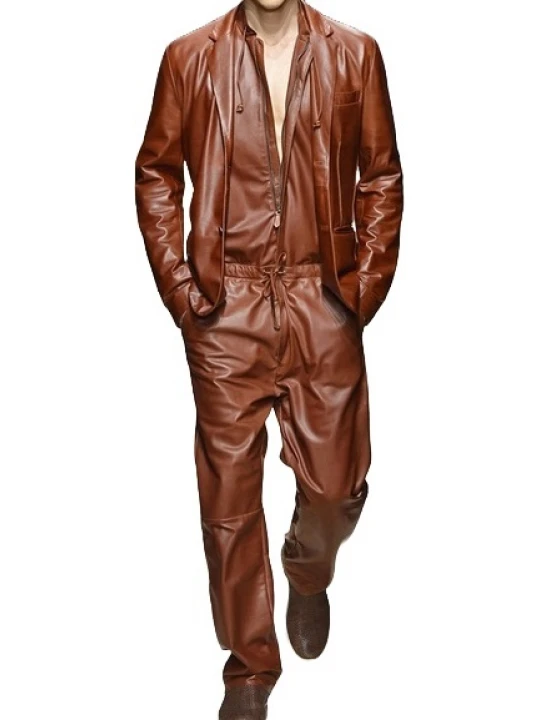 Mens Glamorous Real Sheepskin Brown Leather Jumpsuit With Blazer