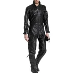 Mens High Fashion Real Sheepskin Black Leather Jumpsuit