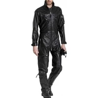 Mens High Fashion Real Sheepskin Black Leather Jumpsuit