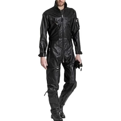 Mens High Fashion Real Sheepskin Black Leather Jumpsuit