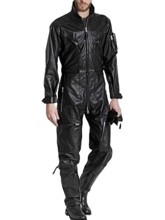Mens High Fashion Real Sheepskin Black Leather Jumpsuit