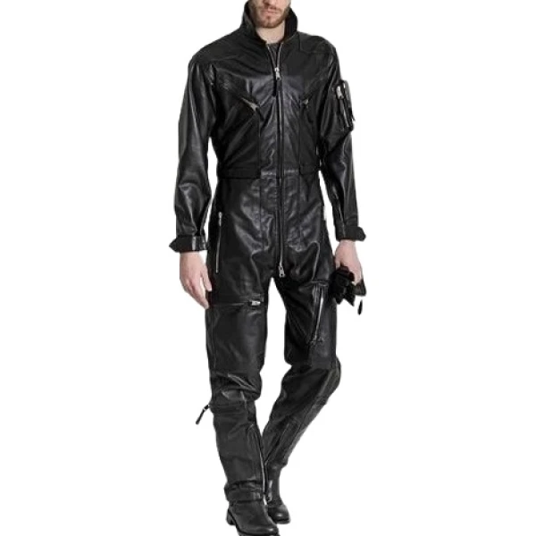 Mens High Fashion Real Sheepskin Black Leather Jumpsuit