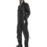 Mens High Fashion Real Sheepskin Black Leather Jumpsuit