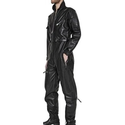 Mens High Fashion Real Sheepskin Black Leather Jumpsuit