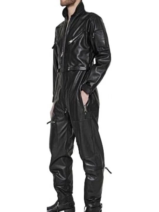 Mens High Fashion Real Sheepskin Black Leather Jumpsuit
