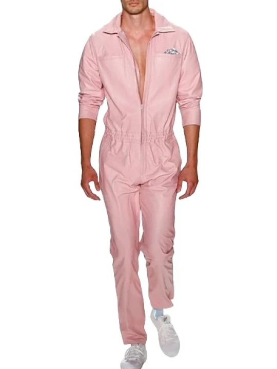 Mens New Fashion Real Sheepskin Baby Pink Leather Jumpsuit
