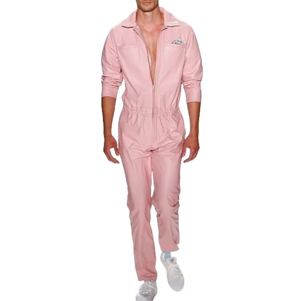 Mens New Fashion Real Sheepskin Baby Pink Leather Jumpsuit