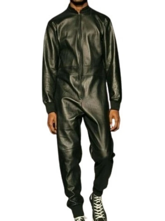 Mens Ribbed Collar Real Sheepskin Black Leather Jumpsuit
