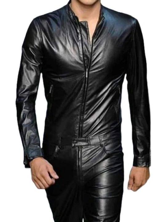 Mens Trendy Real Sheepskin black Leather Jumpsuit