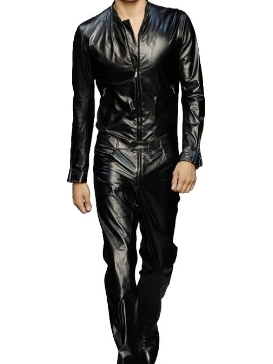 Mens Trendy Real Sheepskin black Leather Jumpsuit