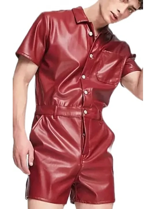 Red Leather Short Jumpsuit
