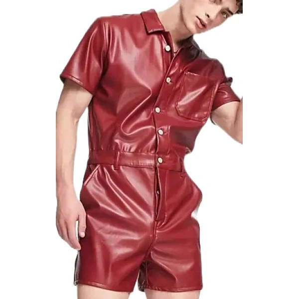 Red Leather Short Jumpsuit