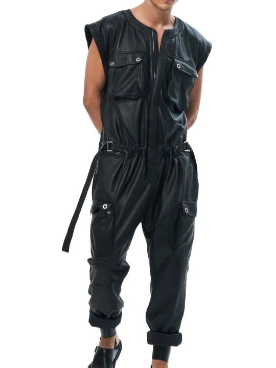 Sleeveless Leather Jumpsuit In Black