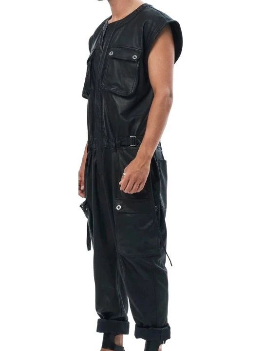 Sleeveless Leather Jumpsuit In Black