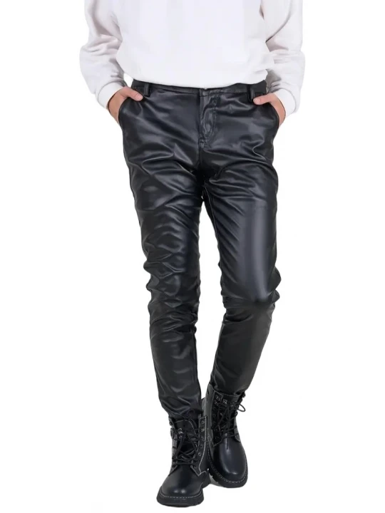 Back Side Flap Pockets Black Leather Trouser