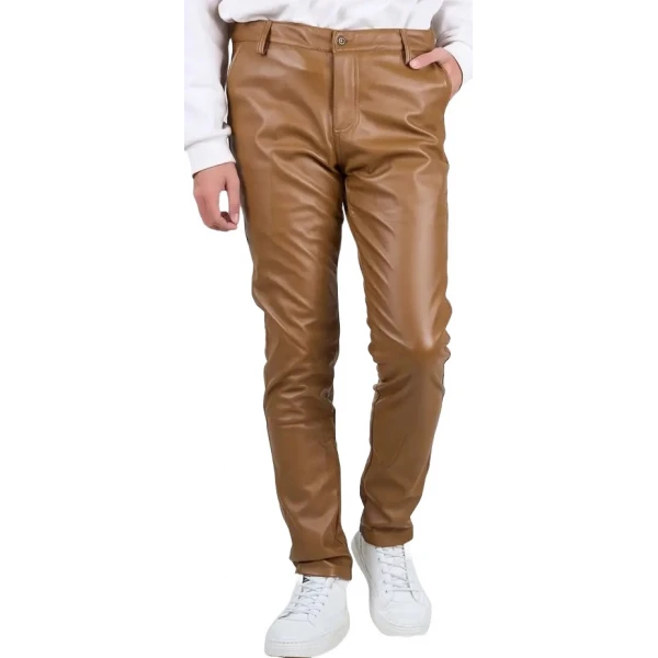 Back Side Flap Pockets Brown Leather Trouser