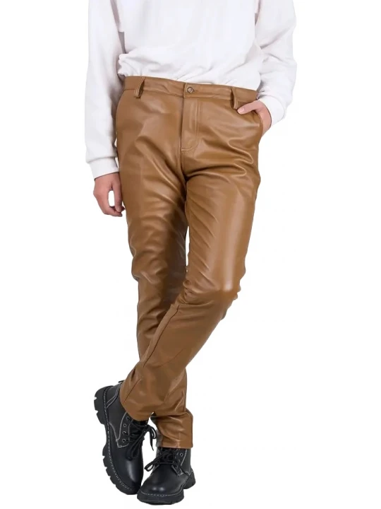 Back Side Flap Pockets Brown Leather Trouser