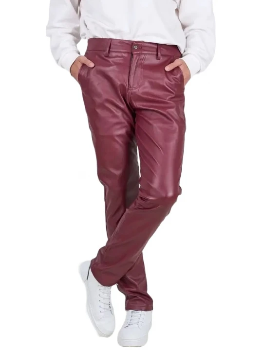 Back Side Flap Pockets Burgundy Leather Trouser