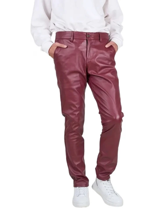 Back Side Flap Pockets Burgundy Leather Trouser