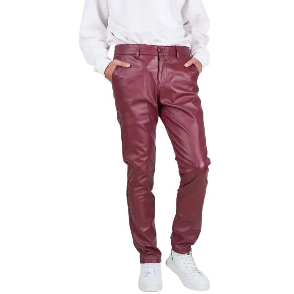 Back Side Flap Pockets Burgundy Leather Trouser