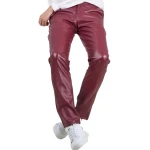 Back Side Flap Pockets Burgundy Leather Trouser