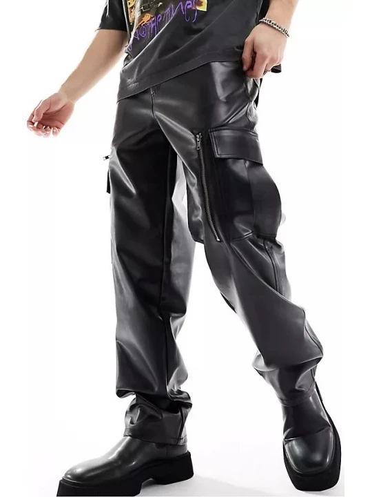 Baggy Leather Cargos Pants In Black