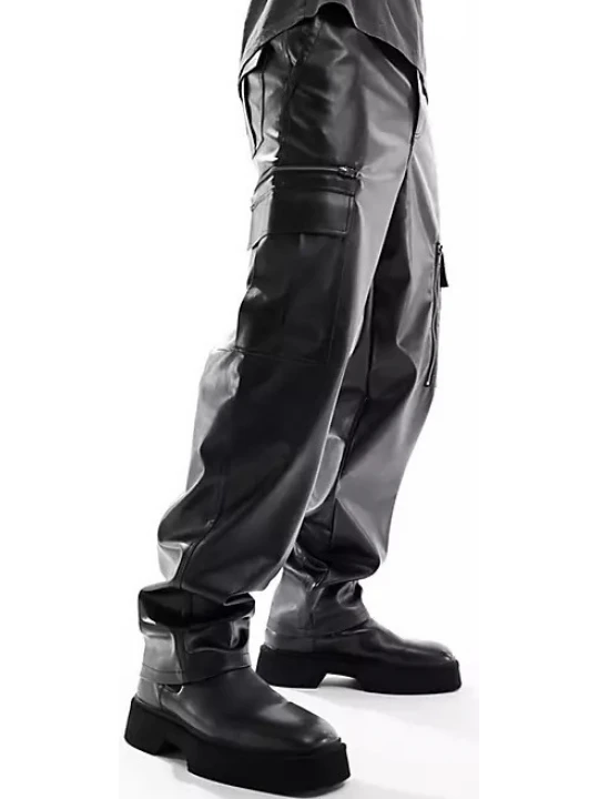 Baggy Leather Cargos Pants In Black