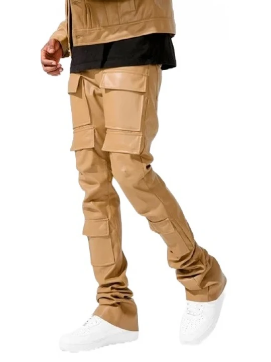 Beige Leather Cargo Pants