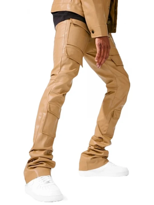 Beige Leather Cargo Pants