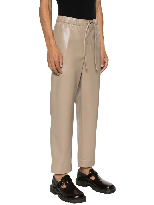 Beige Leather Elasticated Waistband With Drawstrings Pants