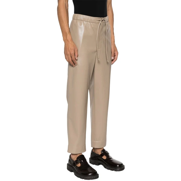 Beige Leather Elasticated Waistband With Drawstrings Pants