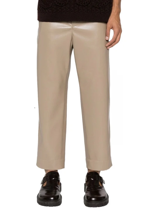 Beige Leather Elasticated Waistband With Drawstrings Pants
