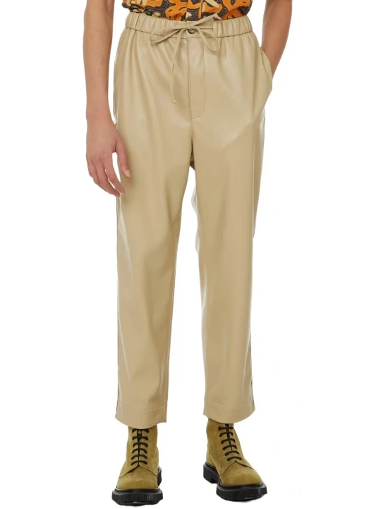 Beige Leather Elasticated Waistband With Drawstrings Trousers