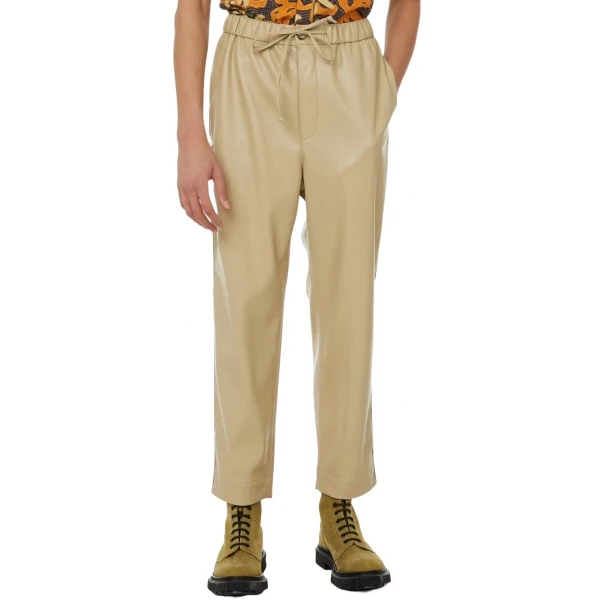 Beige Leather Elasticated Waistband With Drawstrings Trousers