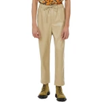 Beige Leather Elasticated Waistband With Drawstrings Trousers