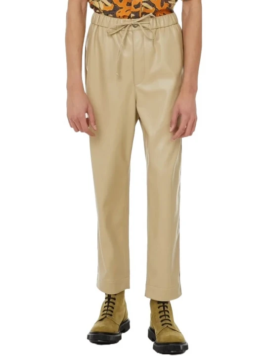 Beige Leather Elasticated Waistband With Drawstrings Trousers
