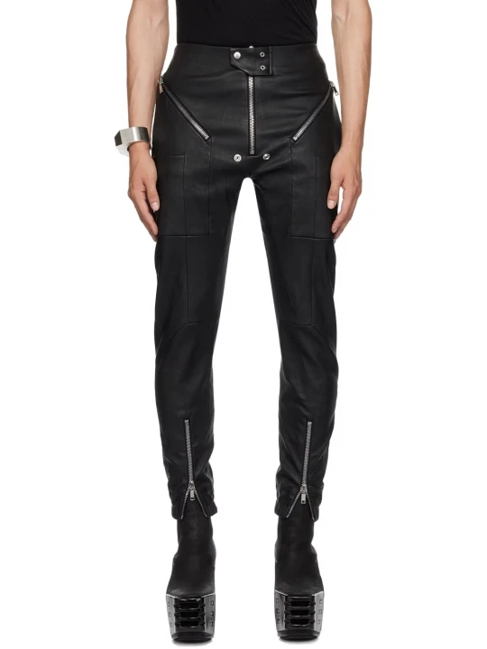 Black Partial Elasticized Waistband Leather Pants