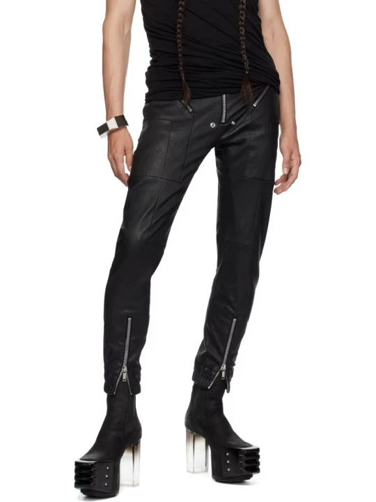 Black Partial Elasticized Waistband Leather Pants