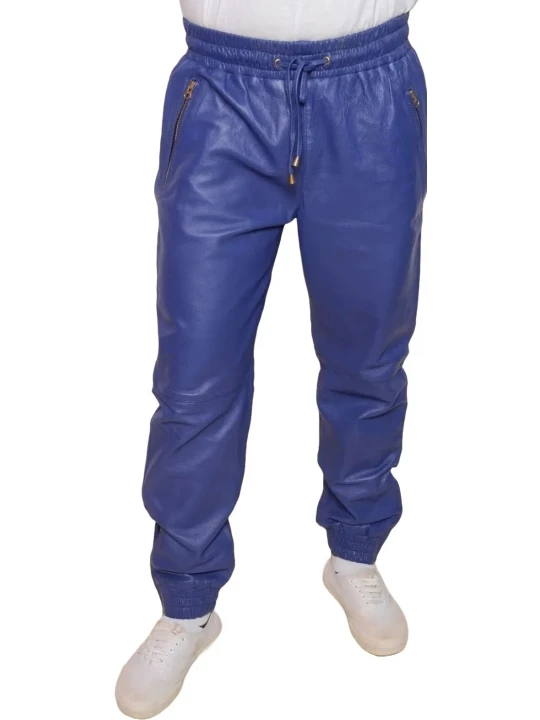 Blue Leather Elasticized Waistband Trousers