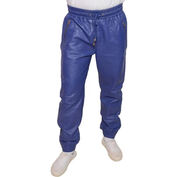 Blue Leather Elasticized Waistband Trousers