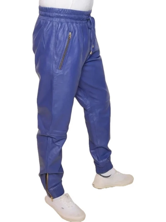Blue Leather Elasticized Waistband Trousers