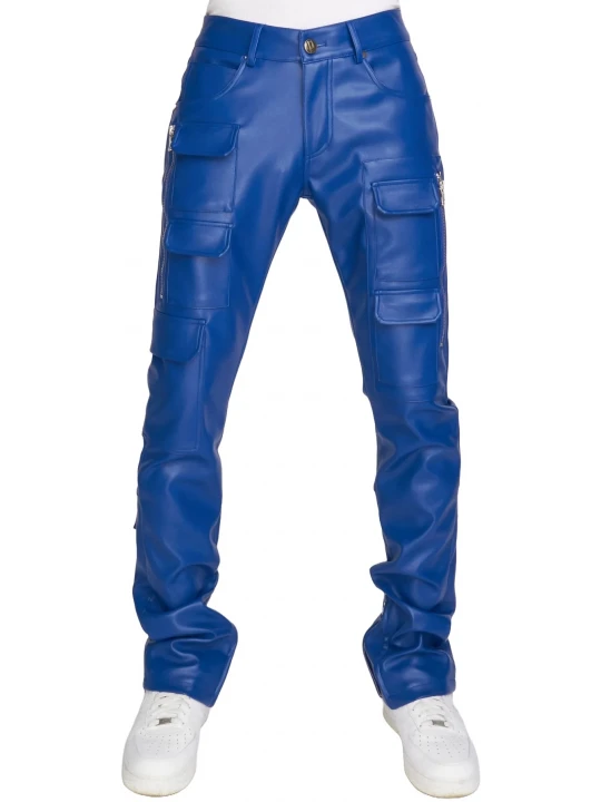 Blue Leather Stacked Cargo Pants