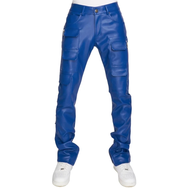 Blue Leather Stacked Cargo Pants