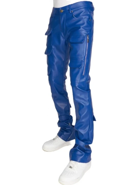 Blue Leather Stacked Cargo Pants